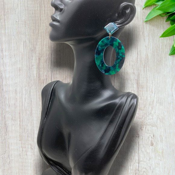 Vintage Y2K Oversized Green Marbled Acrylic Dangle Earrings Pierced Avant Garde - Picture 3 of 5